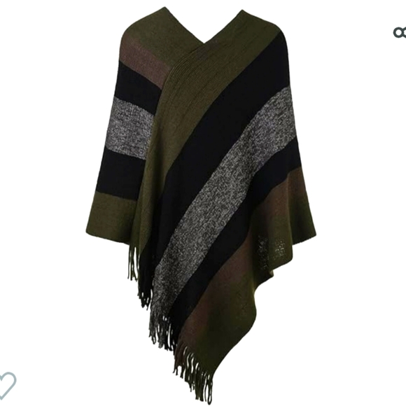 One Size Poncho Sweater with Stripes and Fringe - Picture 1 of 2
